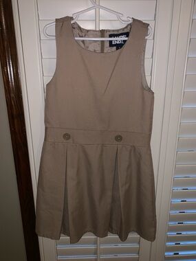 Lands' End Girls Tan Pleated Jumper Dress